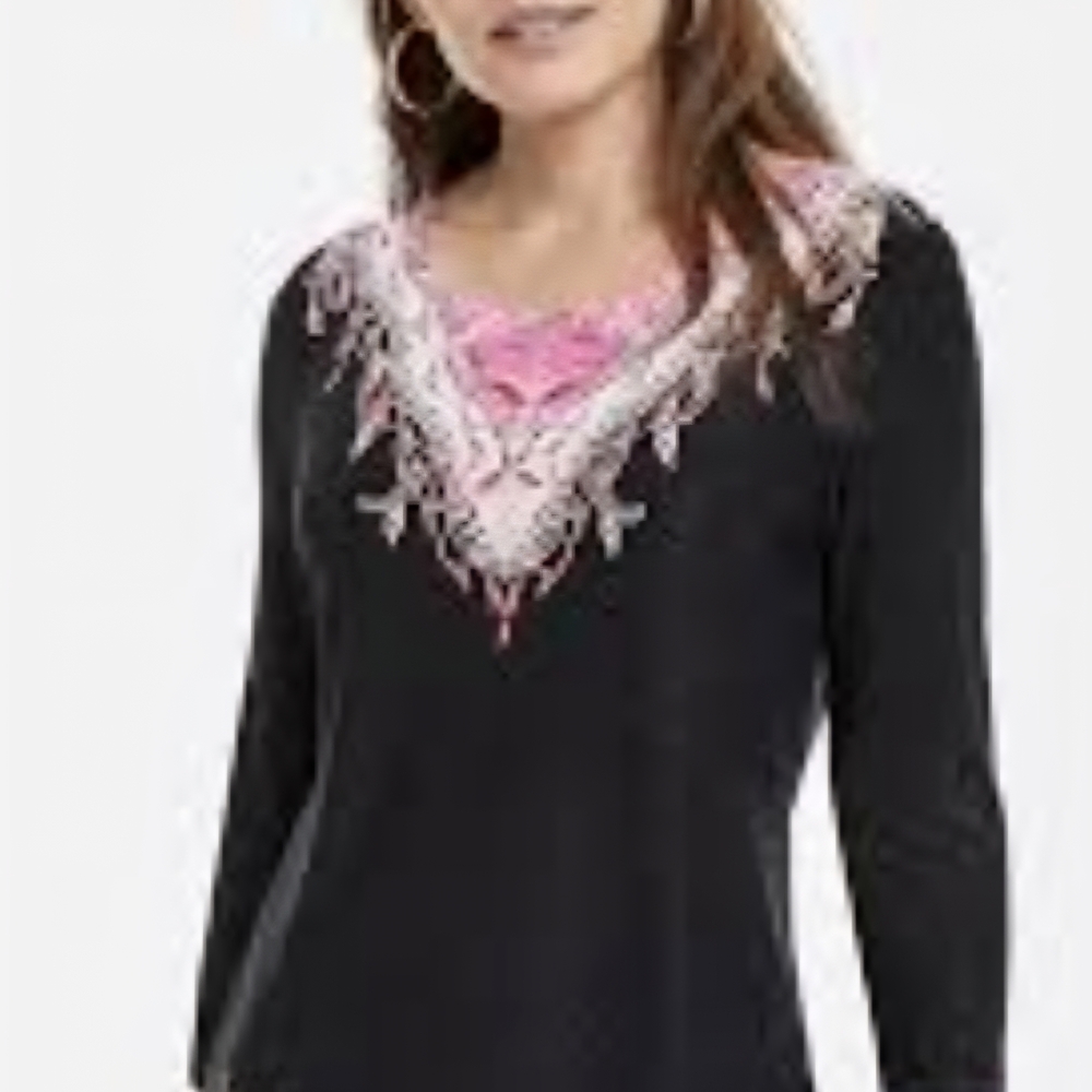 Black Top with Pink Embroidery Long Three Quarter Sleeve Stretch Office Casual